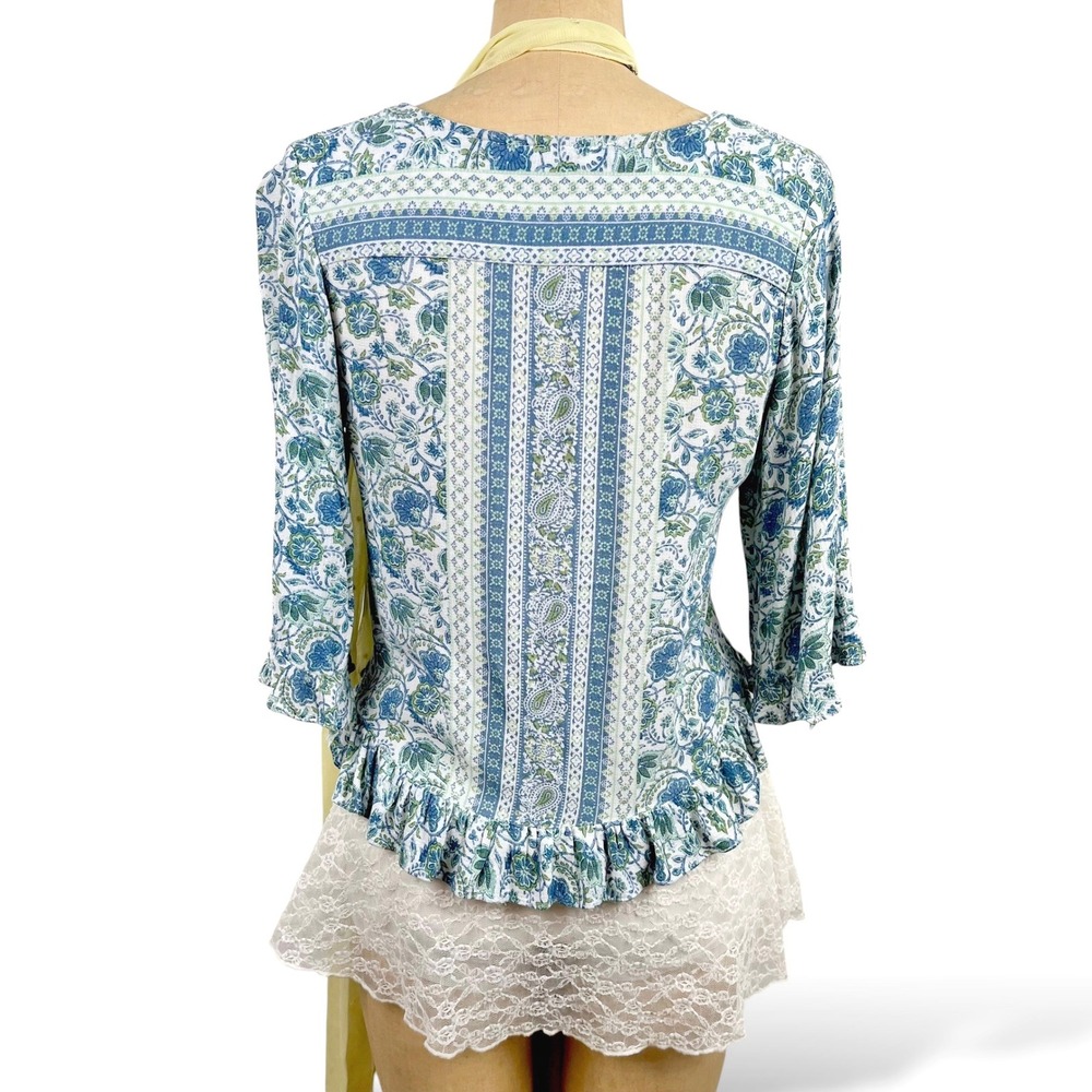 Boho Womens S Ruffle Floral Blouse Rose & Thyme Blue Paisley Peasant Top Cottege - Picture 6 of 11